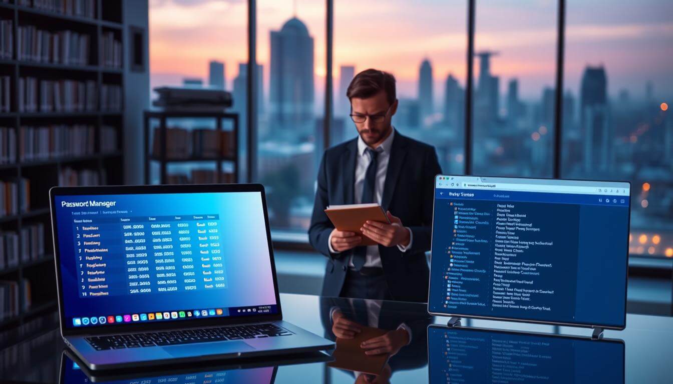 Man checks tablet near laptop with password manager
