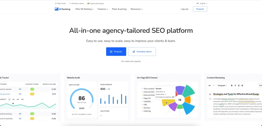 SEO platform interface with analytics tools and graphs.