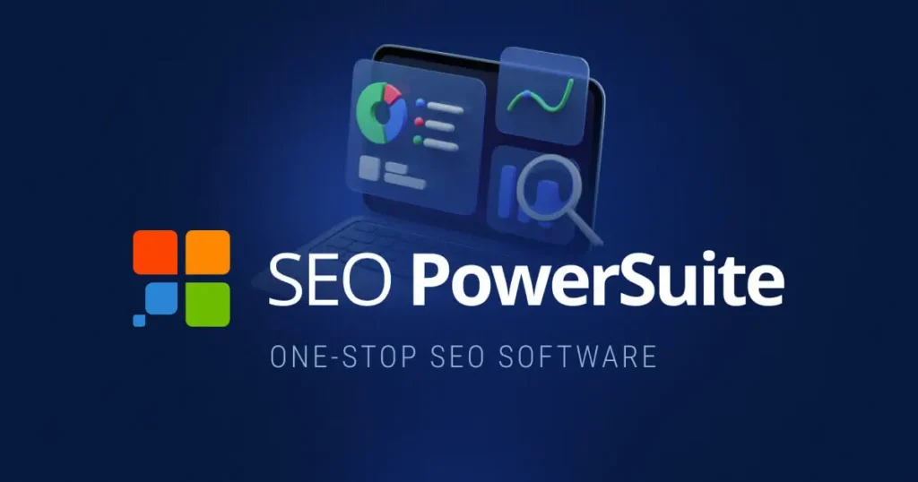 SEO PowerSuite logo with analytics graphics.