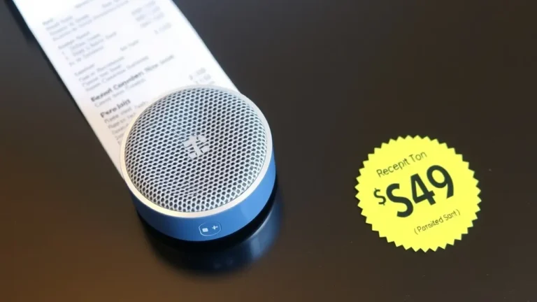 Round speaker with receipt and $49 price tag.