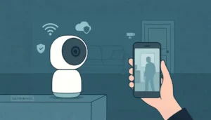 Smart home monitoring with camera and phone app.