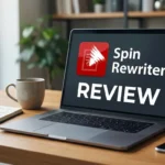 Spin Rewriter review on laptop screen with coffee.