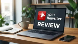 Spin Rewriter review on laptop screen with coffee.