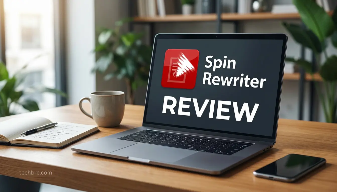 Spin Rewriter review on laptop screen with coffee.