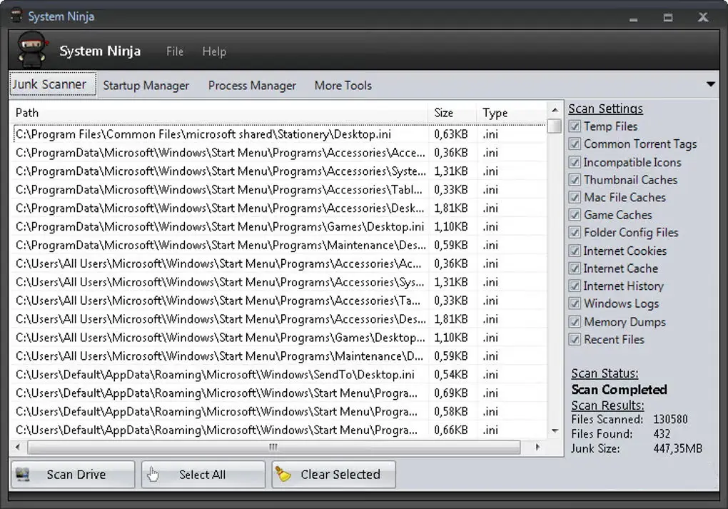 System Ninja junk file scan interface screenshot.