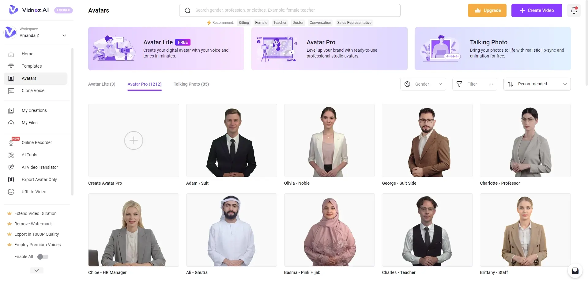 Vidnoz AI avatars selection interface screenshot