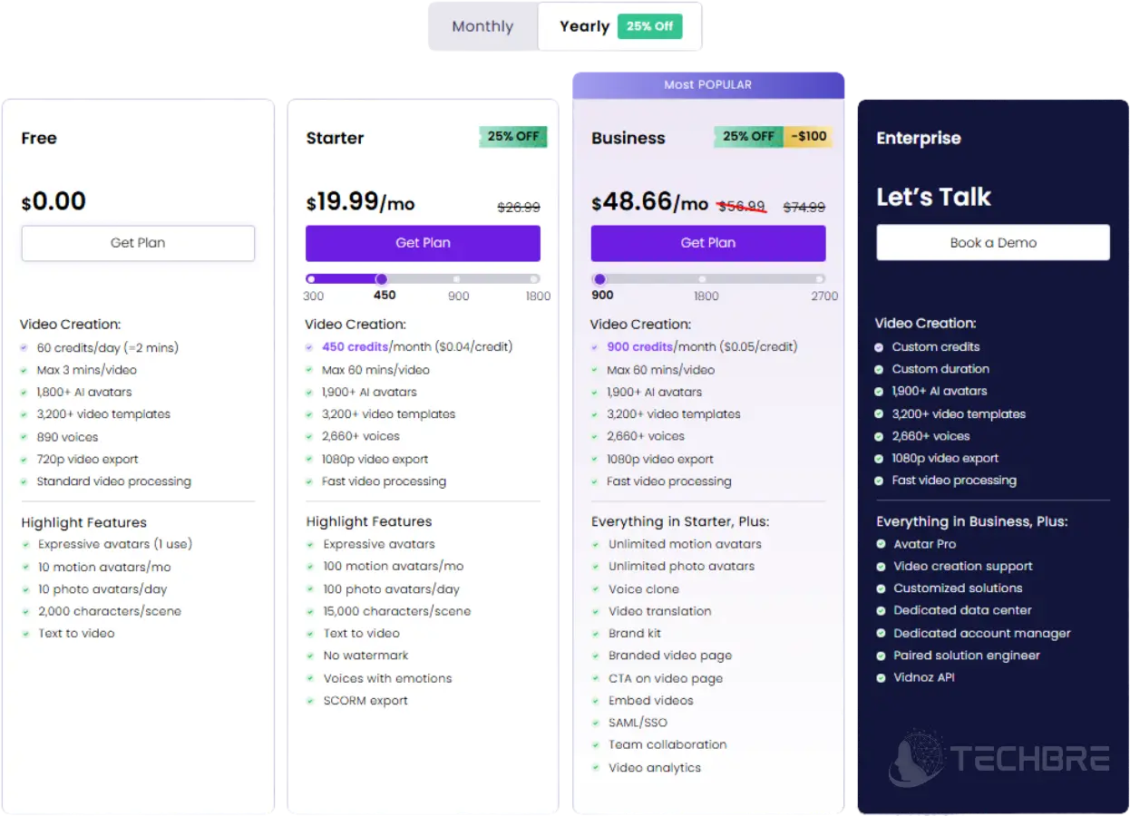 Pricing plans: Free, Starter, Business, Enterprise comparison.