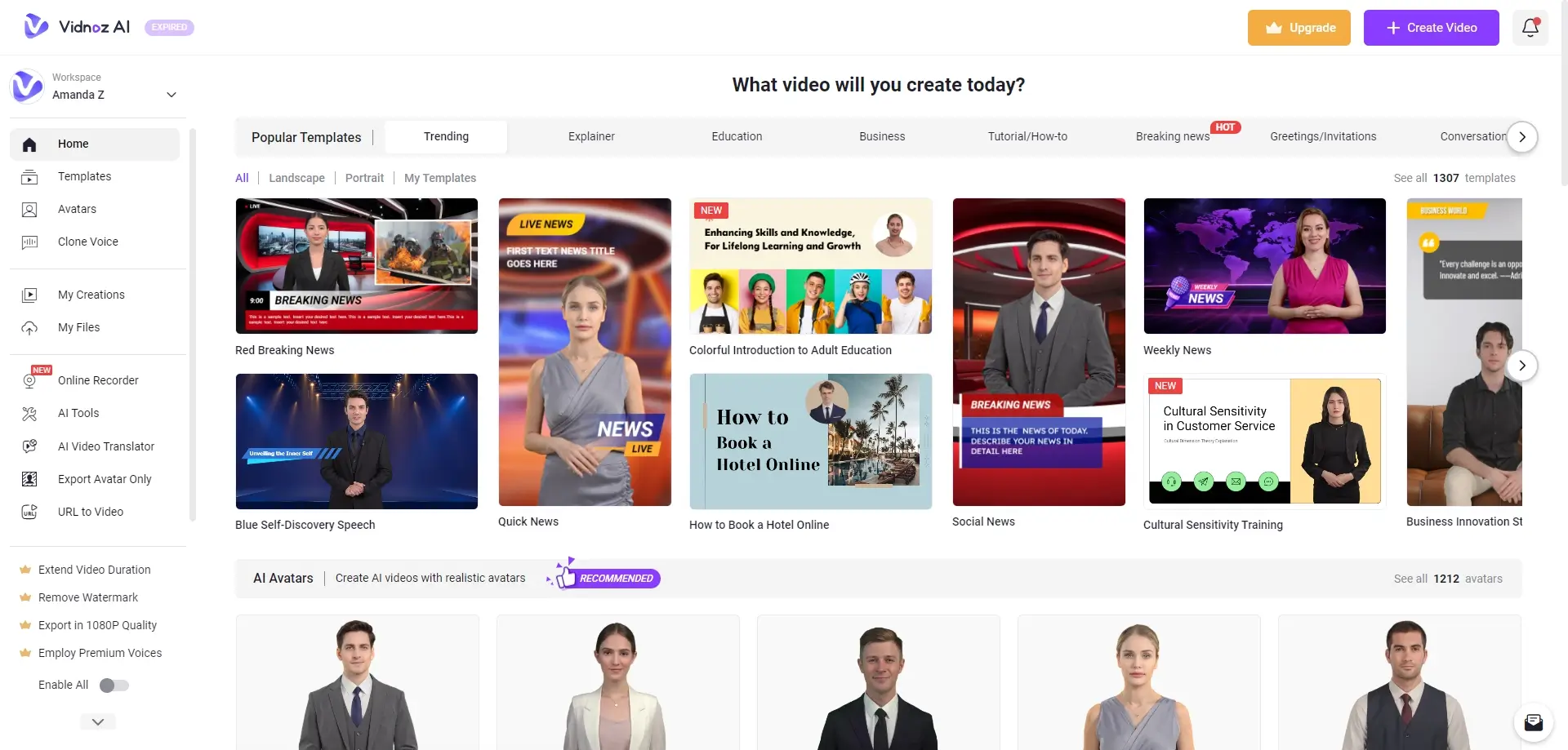 Vidnoz AI video creation homepage with templates.