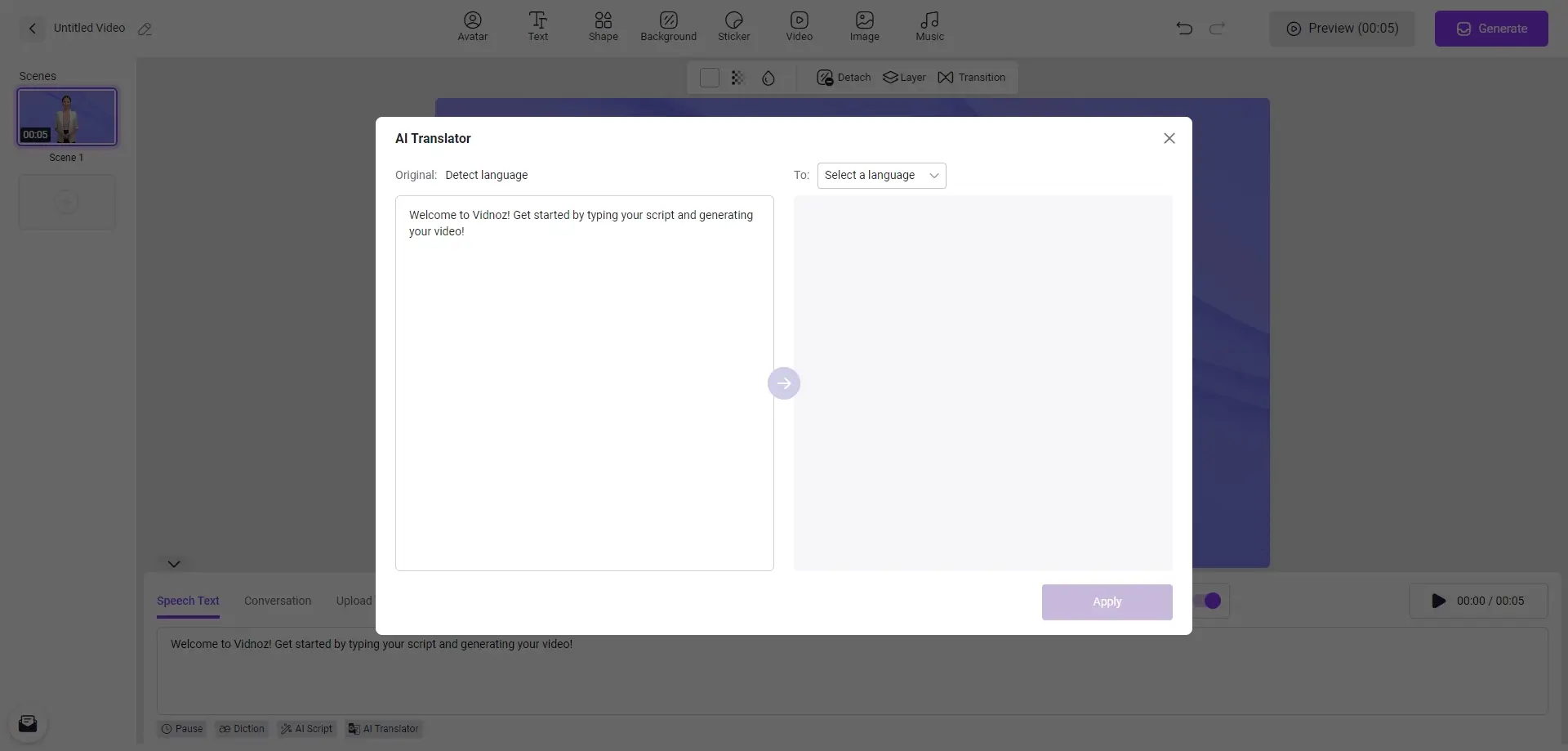 Vidnoz AI translator interface for video script creation.