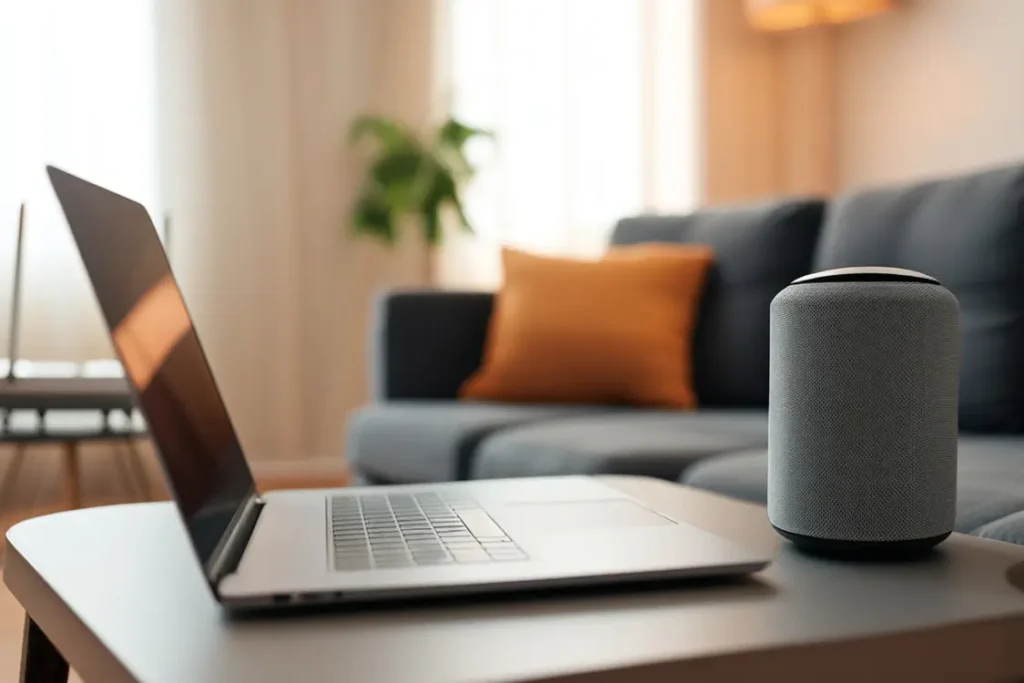Laptop and smart speaker on coffee table in a modern living room