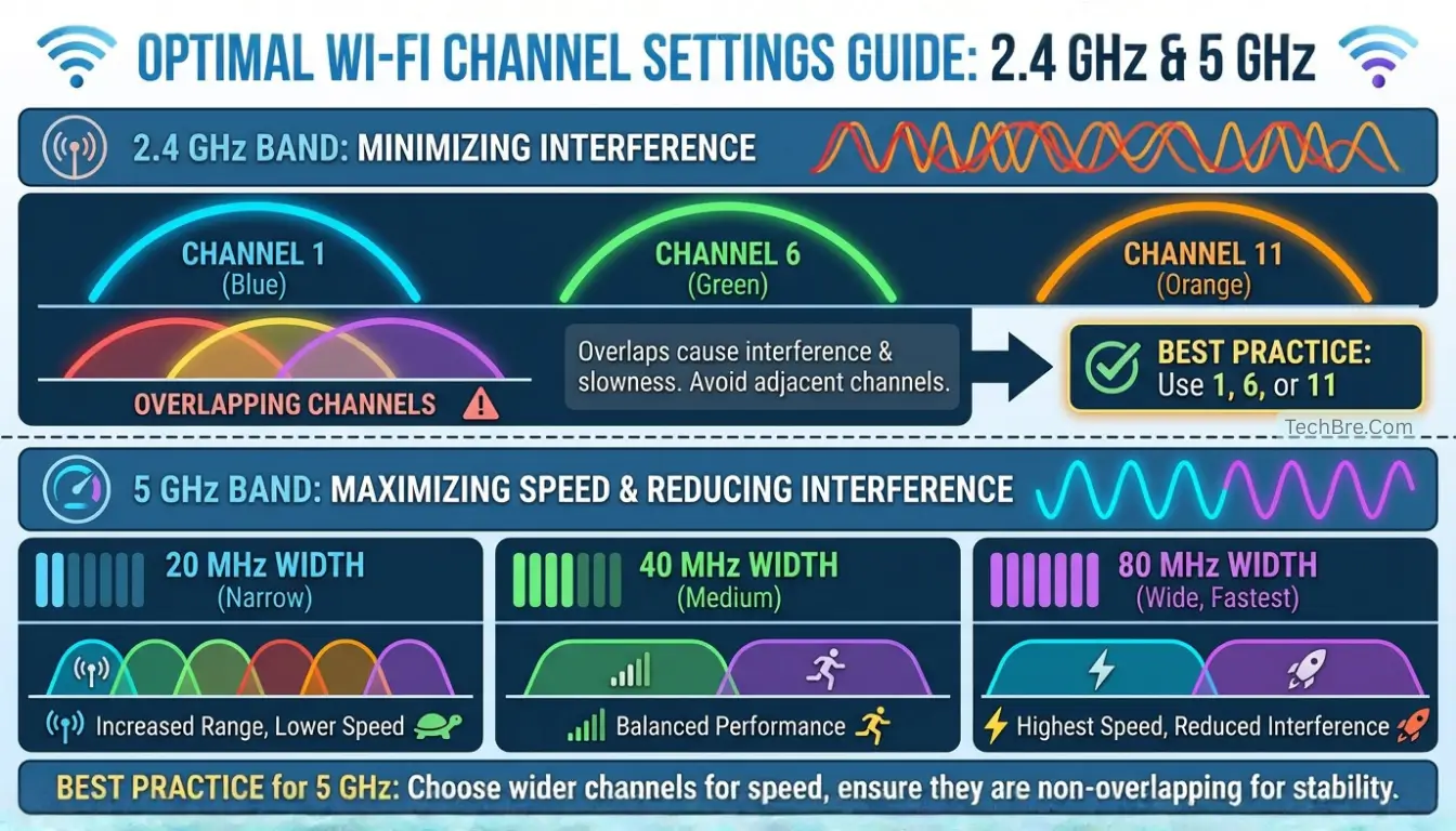 Wi-Fi channel guide for 2.4 GHz and 5 GHz.