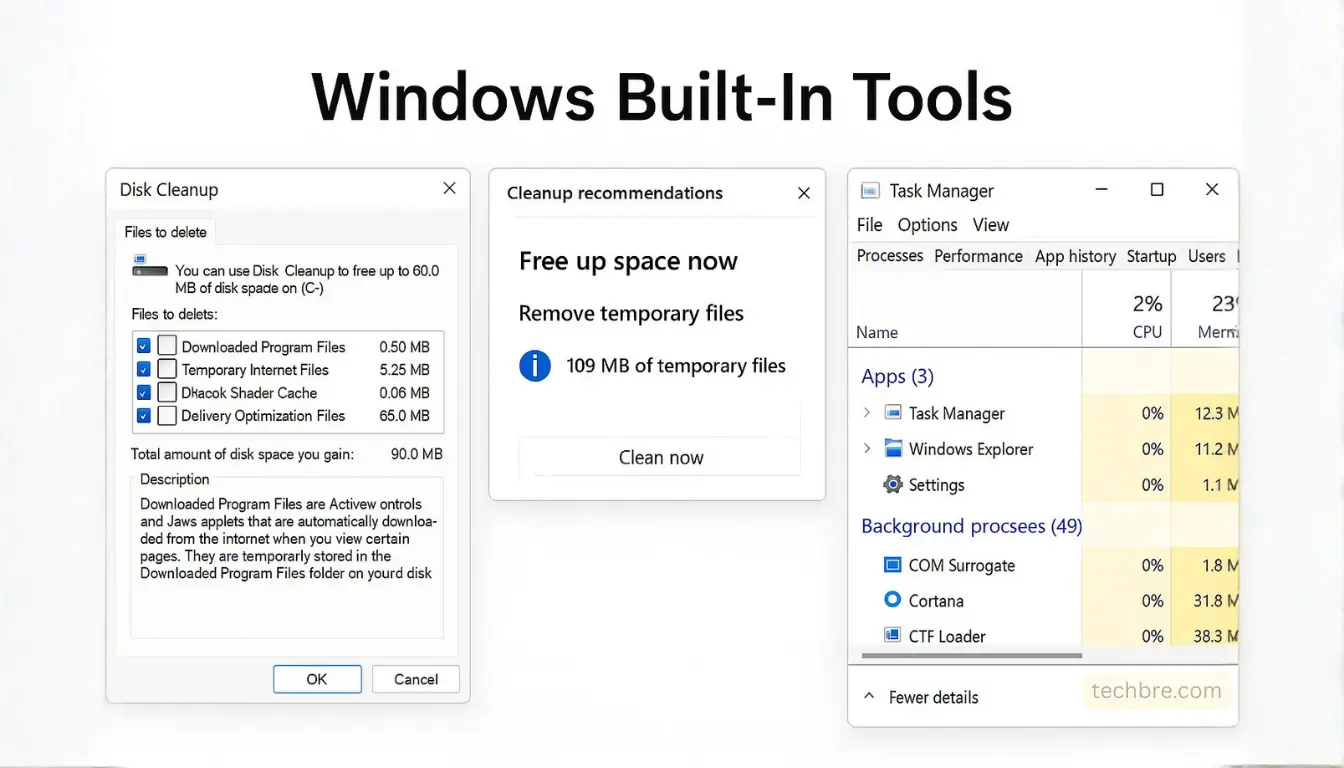 Windows built-in tools: Disk Cleanup and Task Manager.