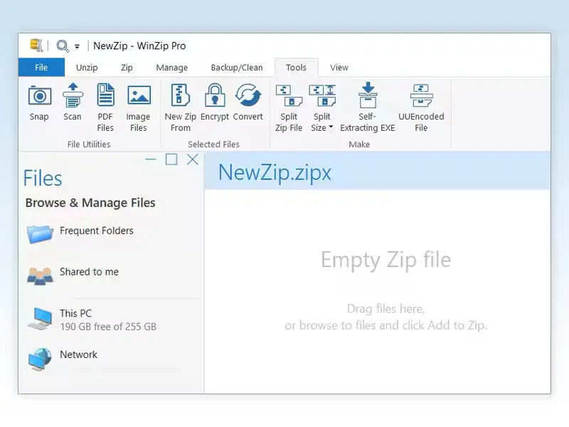WinZip interface showing empty zip file creation.