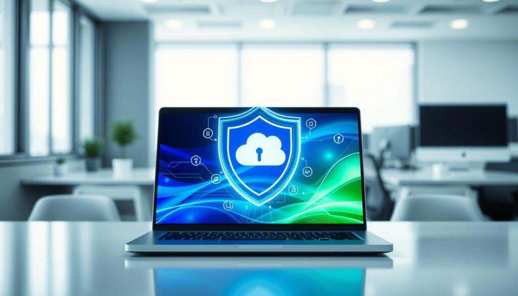 A sleek, modern digital workspace showcasing an abstract shield symbolizing lightweight antivirus protection. In the foreground, display a laptop with a dynamic, glowing graphical interface representing speed and security, featuring vibrant blue and green colors. The middle layer includes floating firewall and cloud icons, seamlessly integrated into the protective shield, symbolizing modern cybersecurity. In the background, a soft-focus office environment with clean lines and technology elements, such as a desktop monitor and subtle circuit patterns, conveys professionalism and innovation. The lighting is bright and airy, with a cool tone that emphasizes a sense of trust and efficiency. Capture a mood of optimism and reassurance, embodying the essence of a fast, non-intrusive antivirus solution.