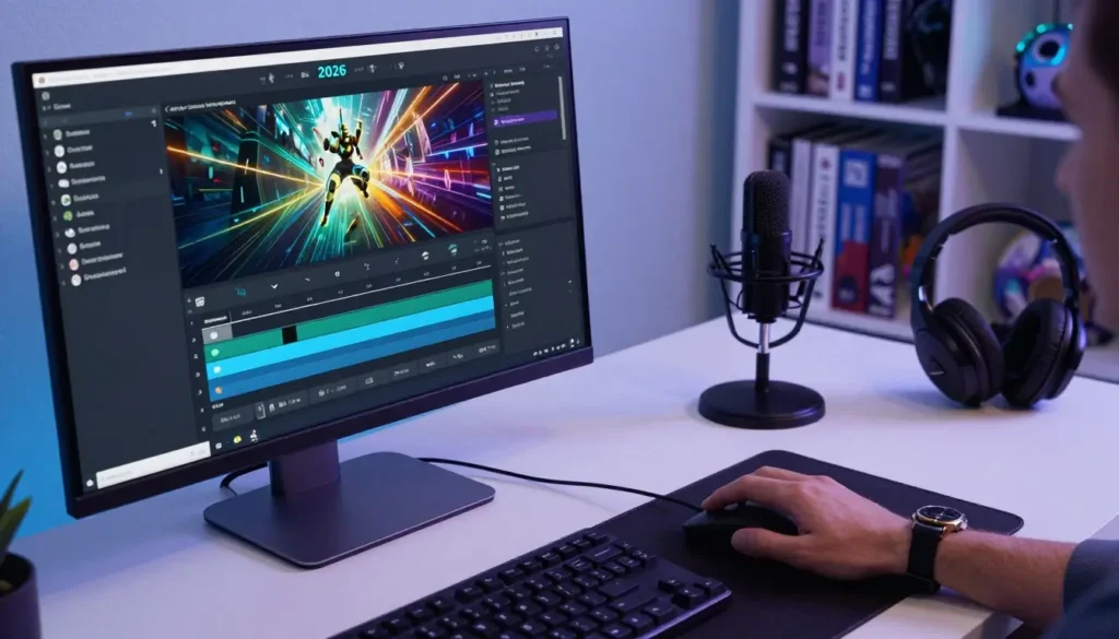 Person editing video on a computer with microphone.