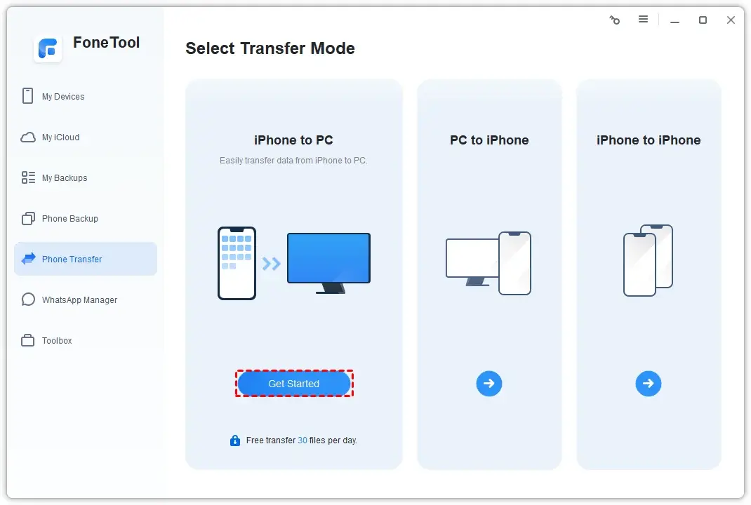FoneTool transfer modes selection interface