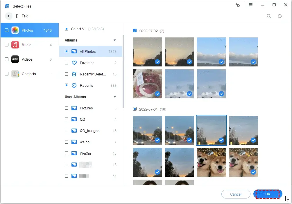 File selection interface showing photo albums