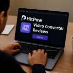 User reviewing HitPaw video converter on laptop