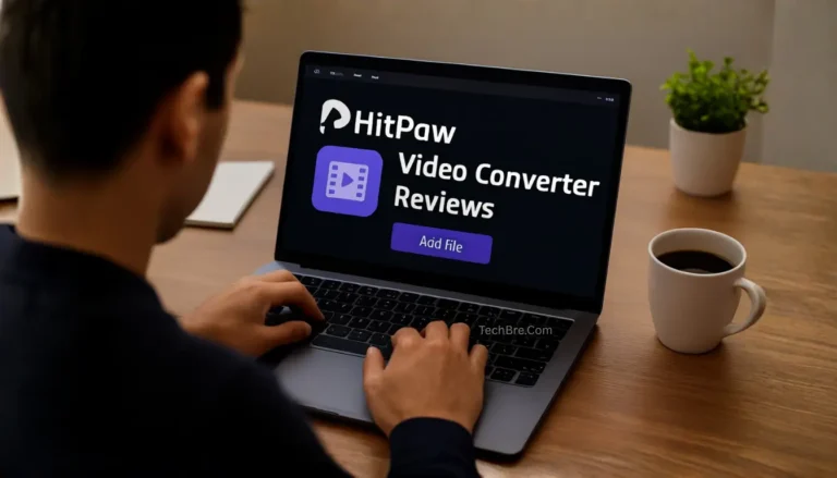 User reviewing HitPaw video converter on laptop