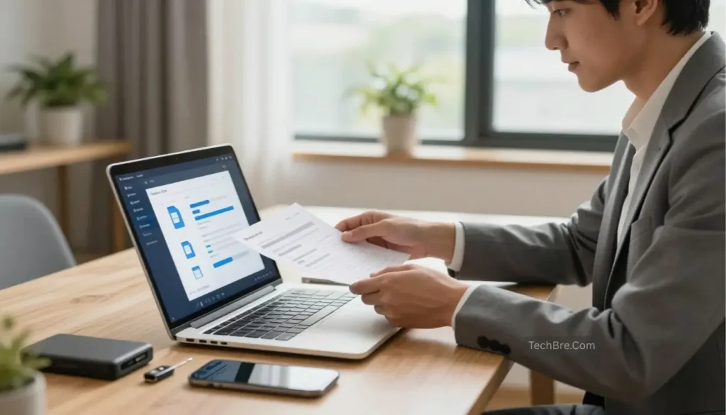 Person reviewing documents on a laptop at a desk.