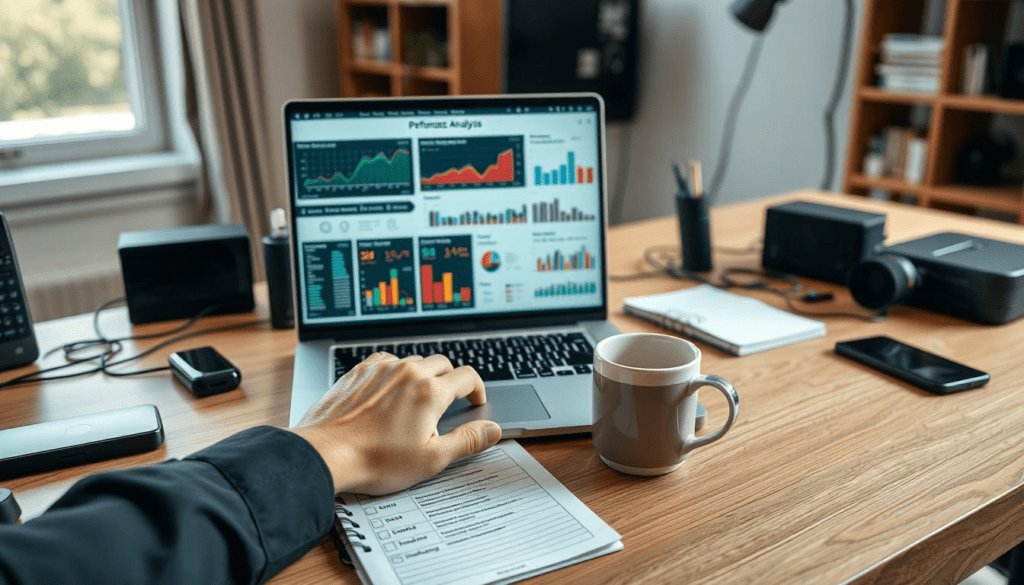 Person working on laptop with graphs and coffee.