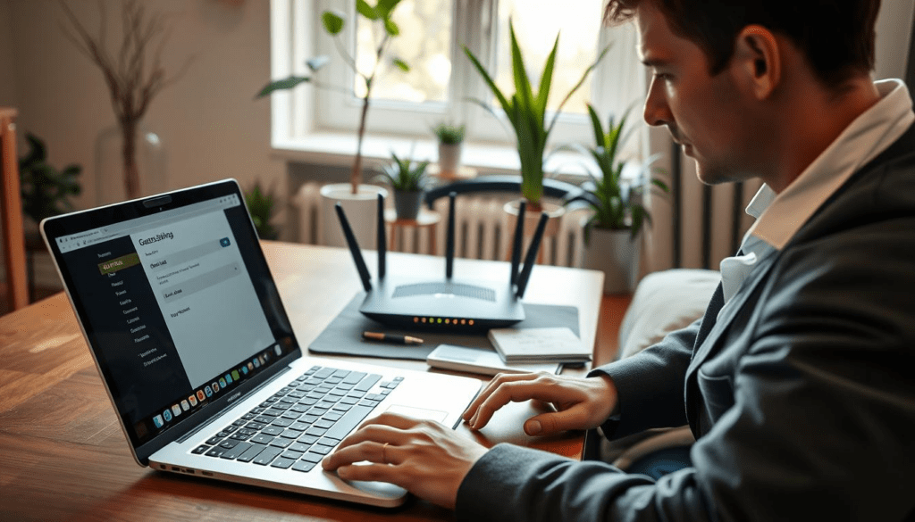 Person using laptop in a modern workspace.