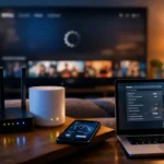 Home office setup with devices and TV