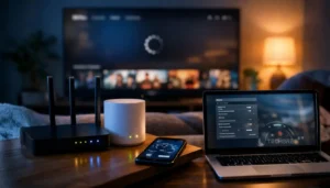 Home office setup with devices and TV