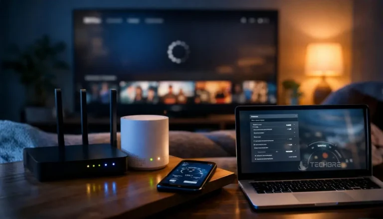 Home office setup with devices and TV