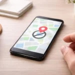 Smartphone displaying a map with location marker.