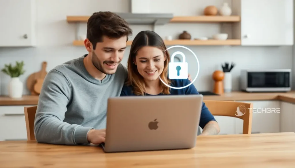 Couple enjoying online security while using laptop.