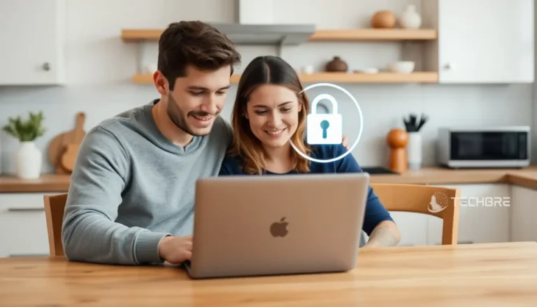 Couple enjoying online security while using laptop.