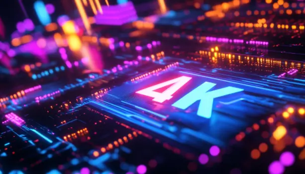 Colorful circuit board with glowing '4K' label.