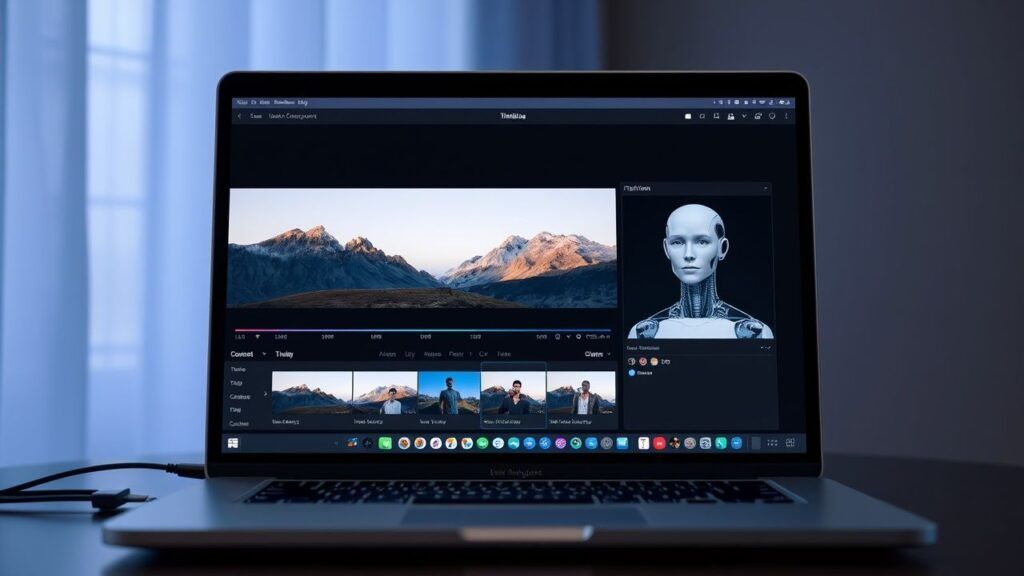 Laptop displaying video editing interface with robot