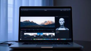 Laptop displaying video editing interface with robot