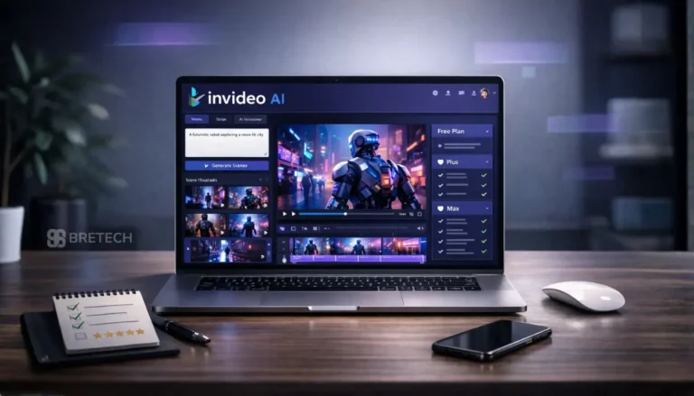 Laptop displaying AI video editing software interface