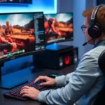 Man gaming on dual monitors with headset