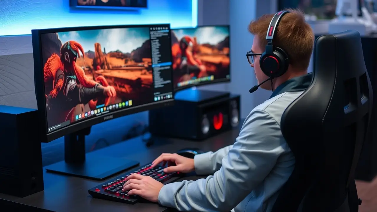Man gaming on dual monitors with headset