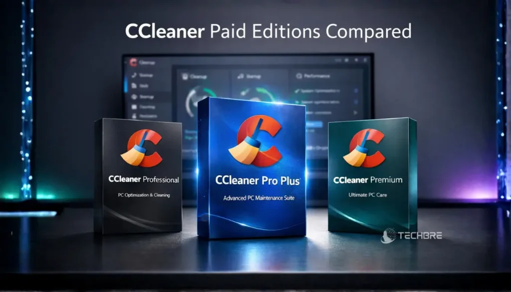CCleaner paid editions comparison with three software boxes