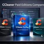 CCleaner paid editions comparison with three software boxes