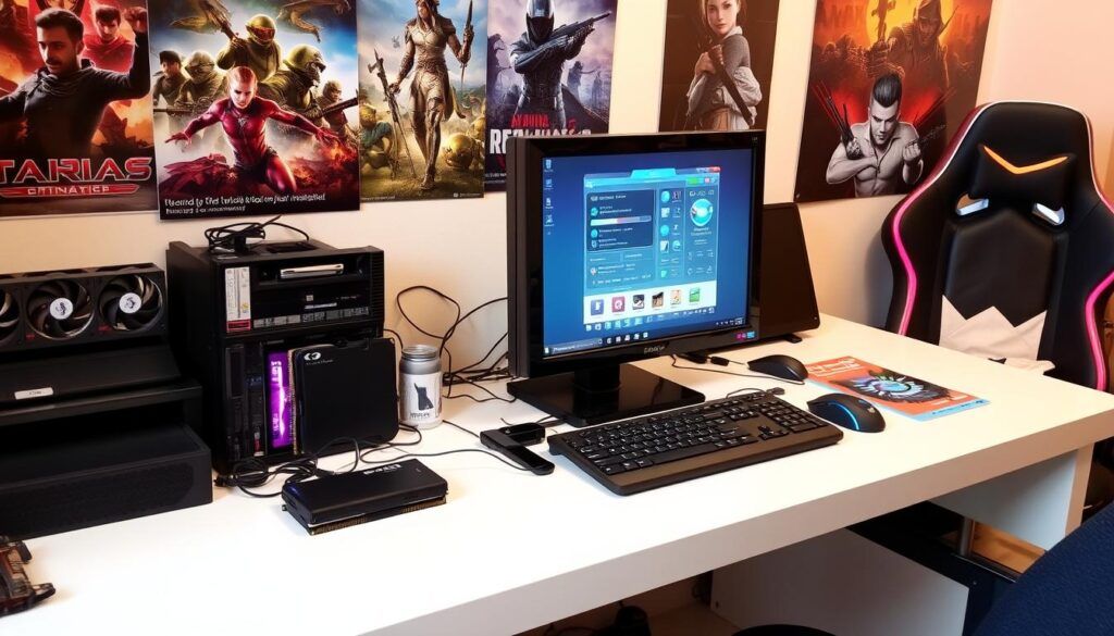 Gaming desk setup with monitor and posters