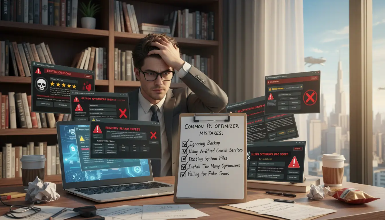 Stressed man facing fake PC optimizer warnings