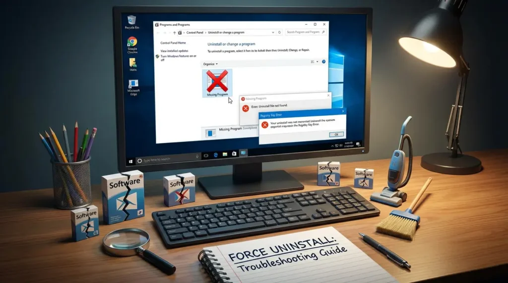 Computer screen showing software uninstall error message
