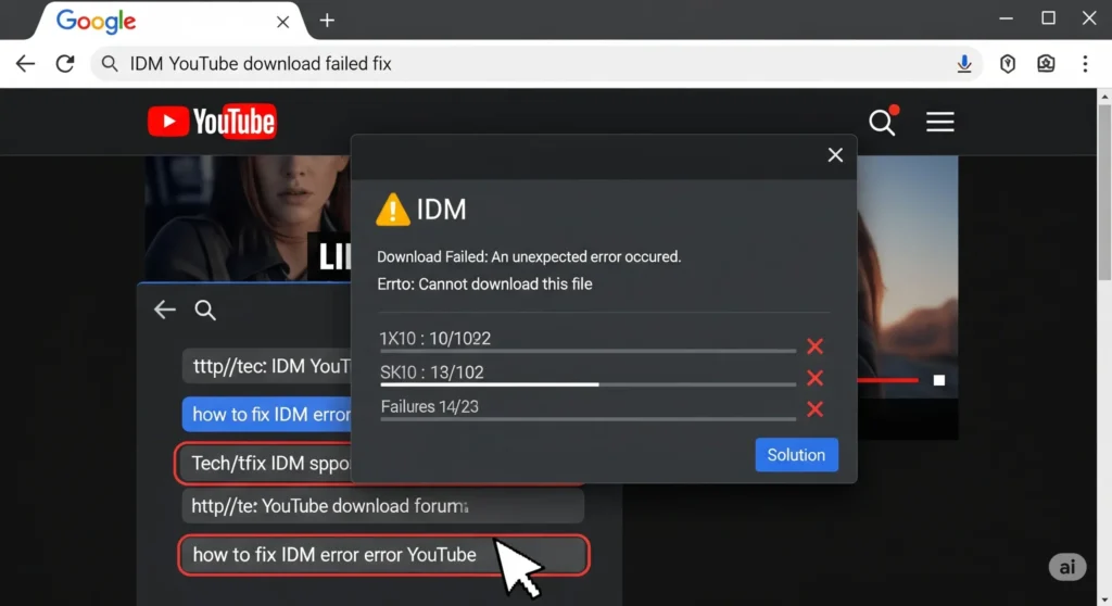 IDM download error message on YouTube page