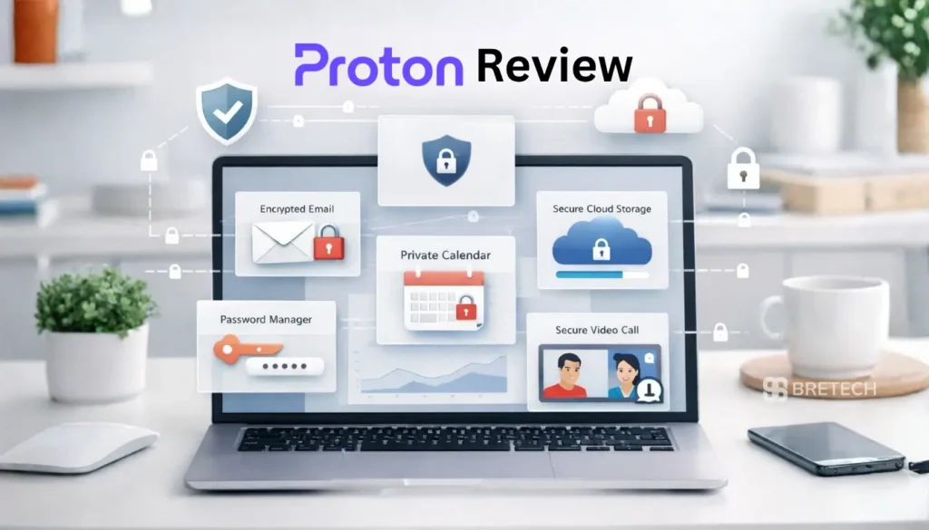 Laptop displaying Proton security services review overview