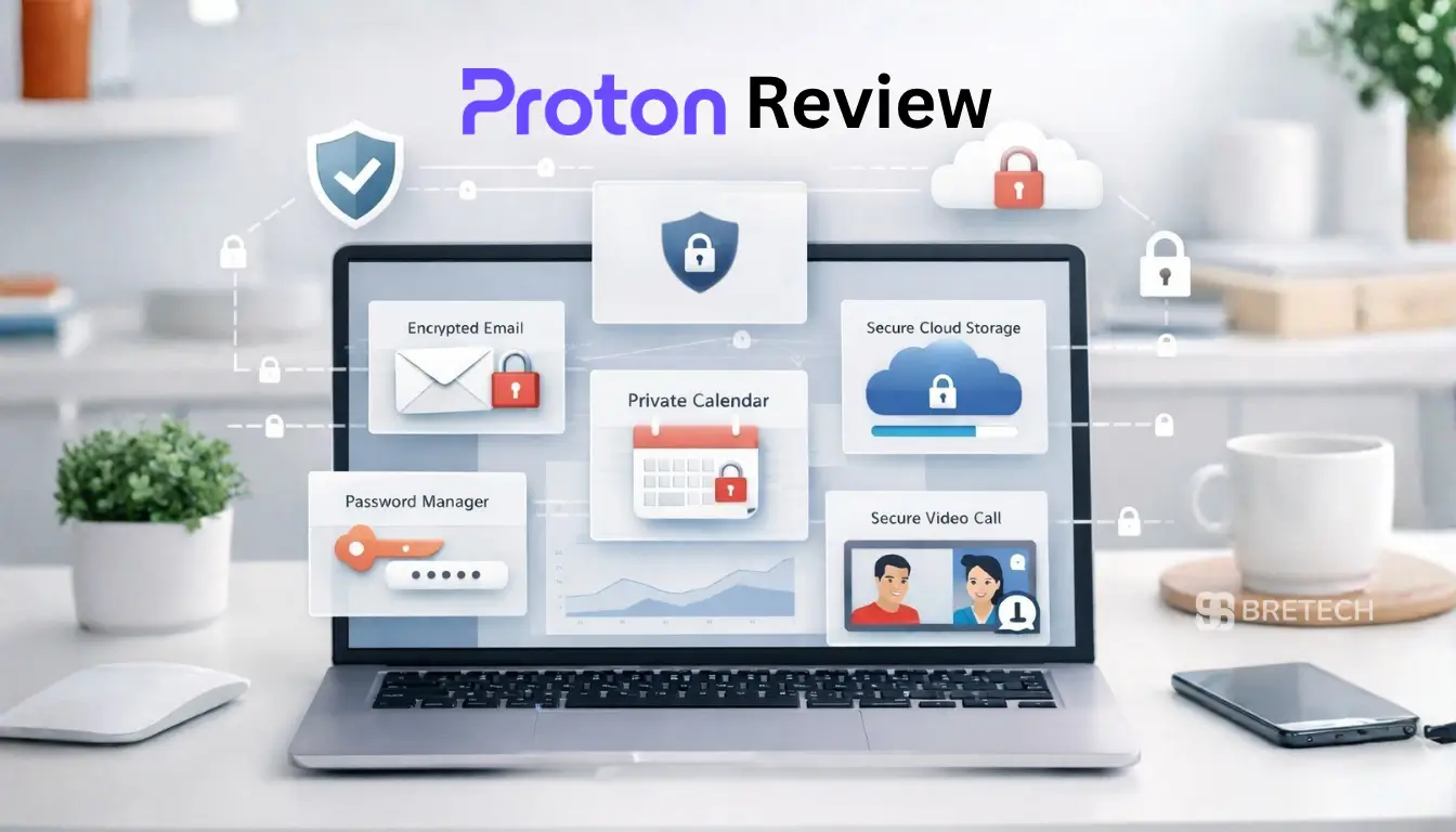 Laptop displaying Proton security services review overview