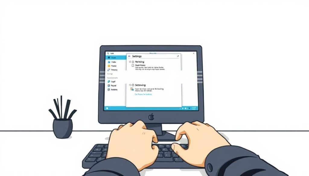 Hands typing on desktop computer settings screen