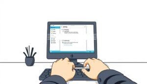 Hands typing on desktop computer settings screen