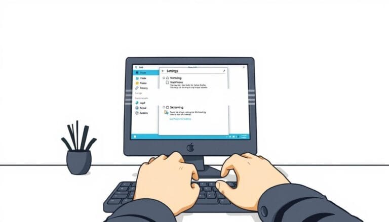 Hands typing on desktop computer settings screen