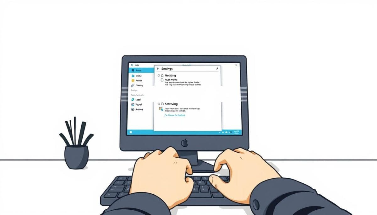 Hands typing on desktop computer settings screen